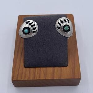 Southwestern Sterling Silver Navajo Turquoise Bear Paw Clip-On Earrings Vintage